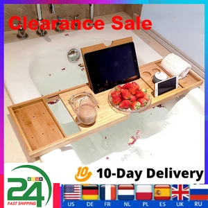 Выдвижные лотки для ванны, бамбуковый органайзер для ванны, книжка, держатель для вина, нескользящая нижняя часть полки для хранения для ванной - изображение