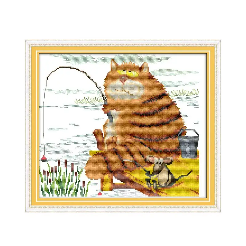 

The cat's favorite (3) cross stitch kit cartoon cat fishing count print canvas stitches handmade needlework plus