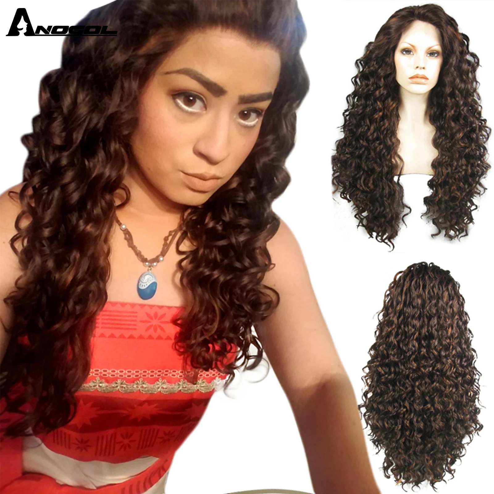 

Anogol Высокая температура волокна перука афро парики длинные кудрявые темно-коричневый синтетический кружевной передний парик для афро-амер...