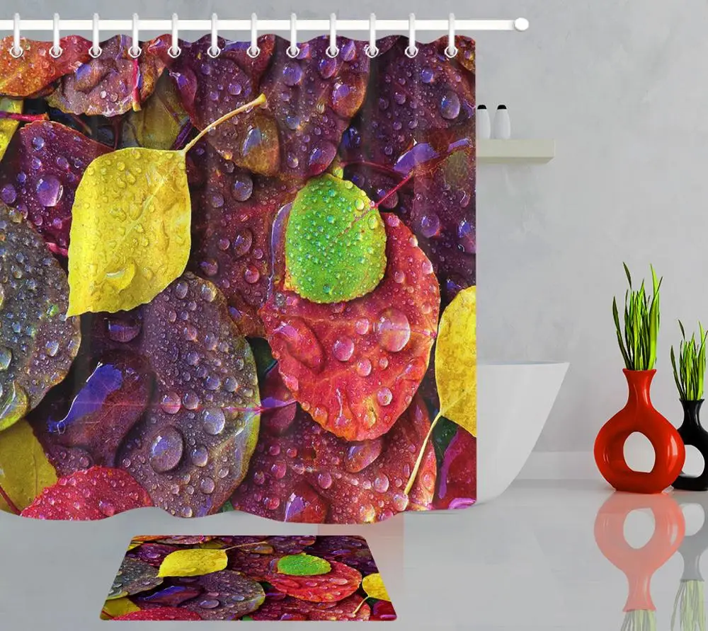 Занавеска для душа с цветными листьями росы Современная Водонепроницаемая Штора