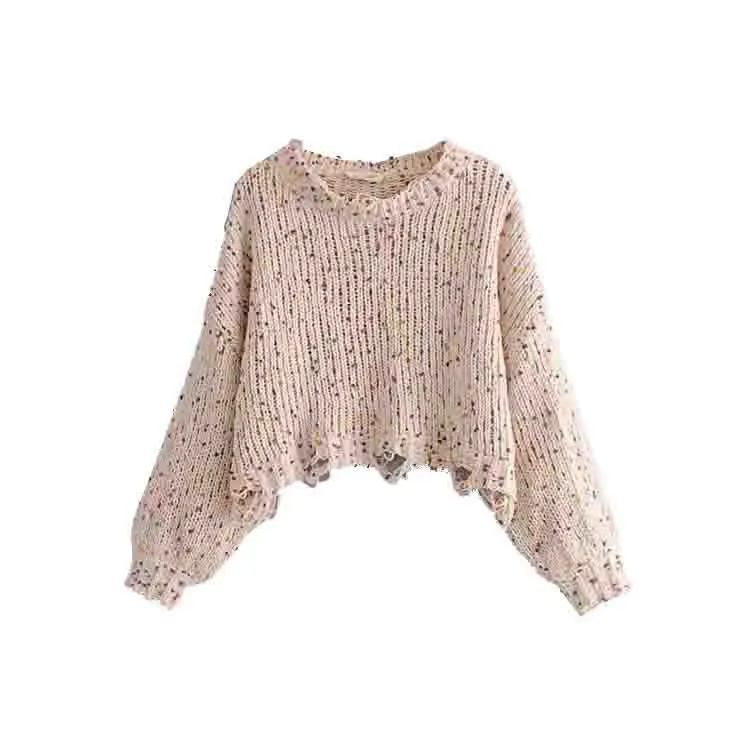 

Autumn Women Stylish White Dot Pattern Ripped Short Knitted Sweater Fashion Casual Round Neck Short Long Sleeve Top