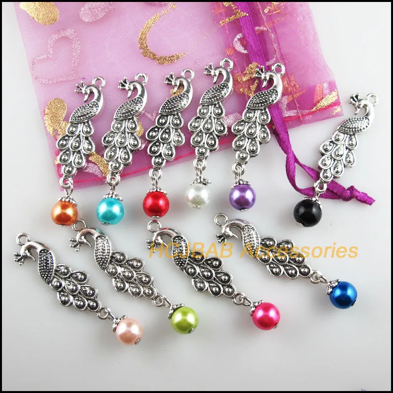 

10 New Animal Peacock Charms Mixed Glass Beads Pendants Tibetan Silver 12.5x50mm