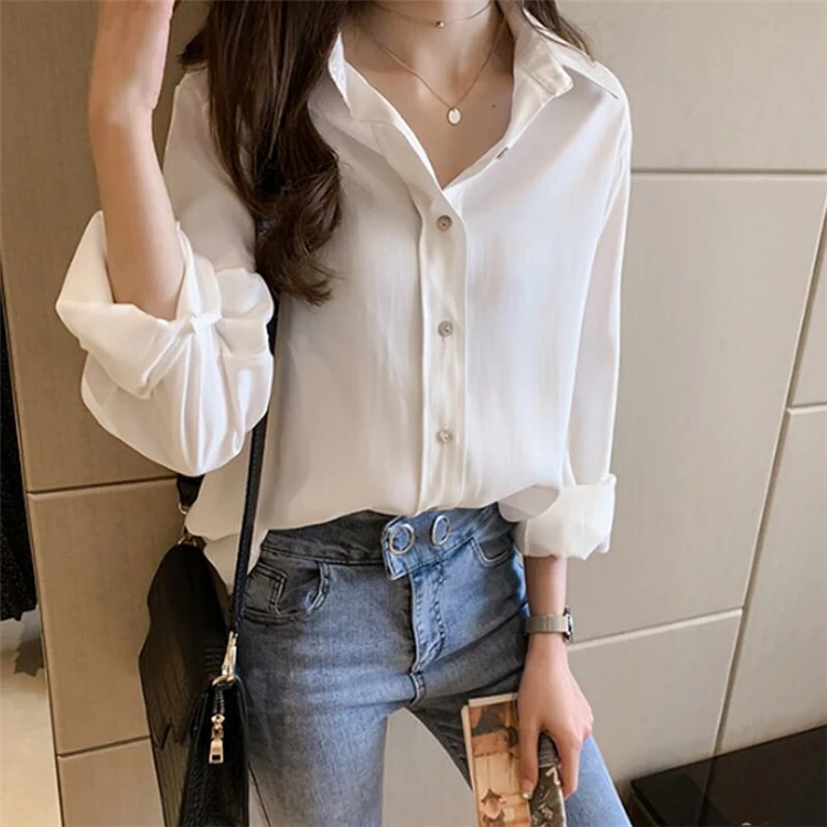 Женская офисная блузка в Корейском стиле однотонная белая рубашка большие