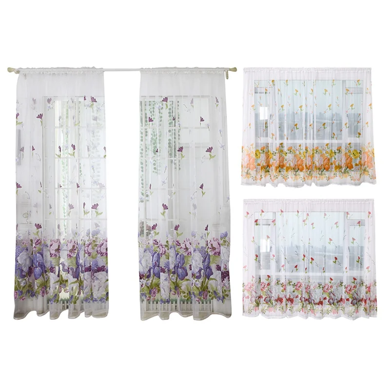 Purple Flower Tulle Curtains for Living Room Bedroom Kitchen Sheer Window Treatment Modern Short Curtain Panel Drape | Дом и сад