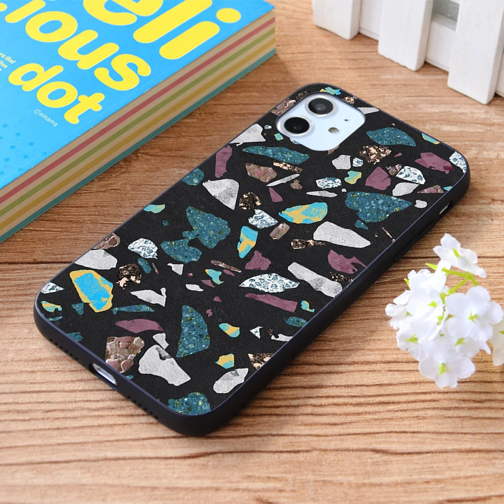 

For iPhone Terrazzo black with blue, brown and purple Soft TPU border Apple iPhone Case