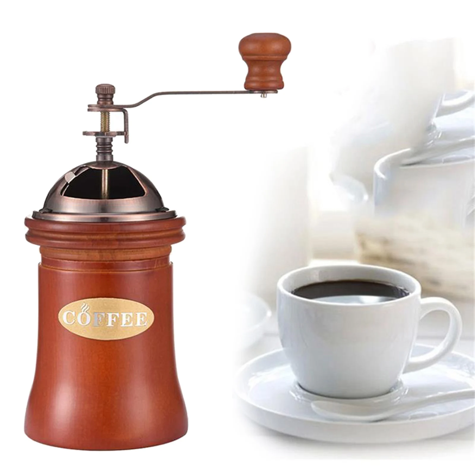 

1 Antique Manual Coffee Grinder with Wooden Base, Hand Crank Coffee Grinder