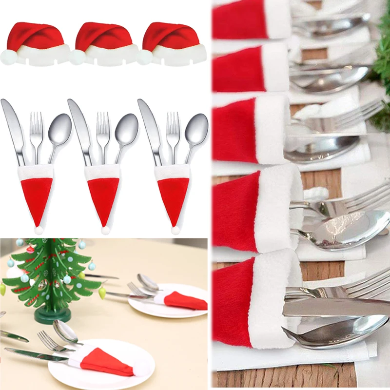 

10PC Tableware Holder bag Christmas hat Christmas 2020 Christmas Decorations home decoration accessories Kitchen Tableware Holde