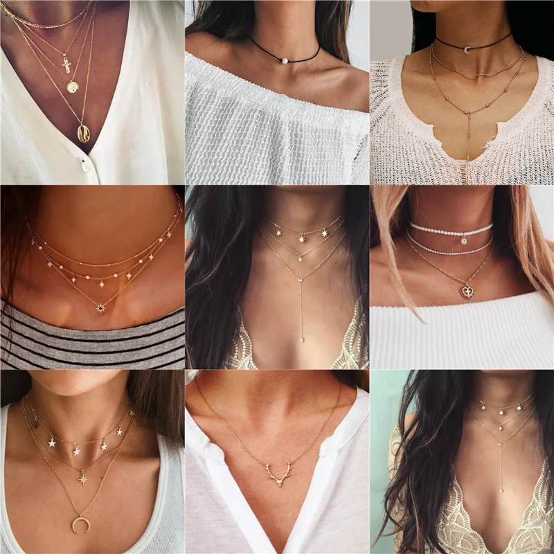 LETAPI Fashion Coin Figure Shell Rose Pendant Necklace Moon Crystal Choker Necklaces Women Holiday Beach Statement Boho Jewelry | Украшения