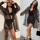 Блузка женская сетчатая, прозрачное черное прозрачное кимоно, повседневный Прозрачный Топ с длинным рукавом, пальто-накидка, N50