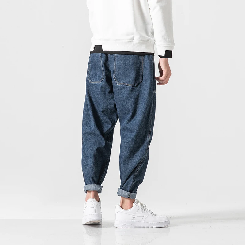 

RHYMONSTER Straight-Leg Solid Color Washed Jeans 2021 Hip Hop Fashion Big Pockets Casual Denim Pant Mens High Street Harem Jeans