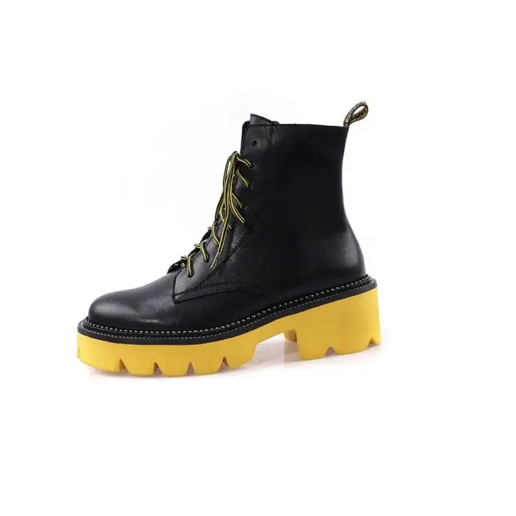 Buono Scarpe Mixed Color Women Ankle Boots Lace Up Female Ankle Botas Mujer Thick Bottom Genuine Leather Boots Fenimina Non-Slip