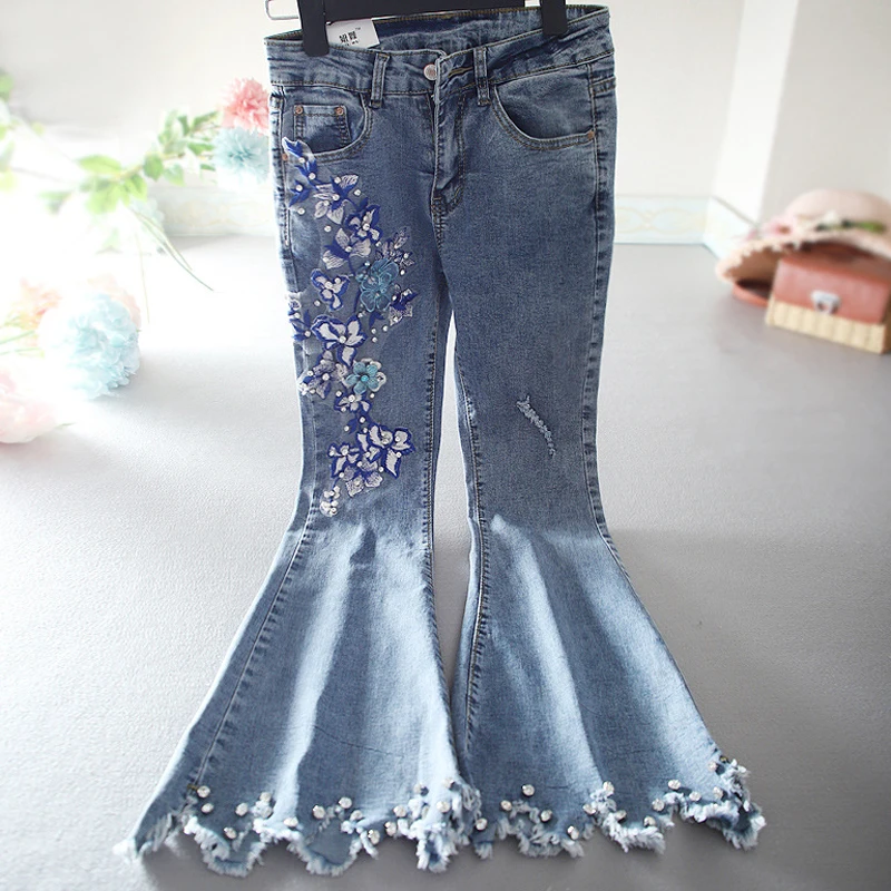 

Brand Luxury Beading Embroidery Pattern Flare Pants Women Stretch Slim Fit Jeans Female Casual High Waist Trousers Blue 3D