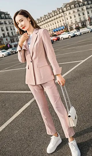 Blazer and Pant Осенний OL Розовый Серый Женский Тонкий Блейзер Модный Полосатый Блейзер и брюки комплект из 2 предметов Женская Офисная Рабочая одежда брючный костюм - Цвет: Blazer and Pant