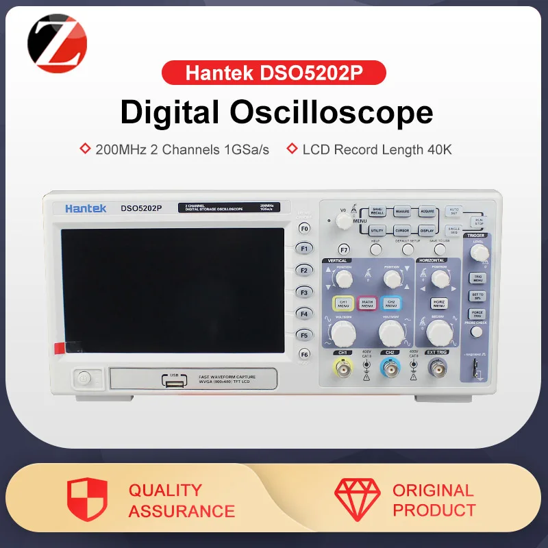 

Hantek DSO5202P Digital Oscilloscope 200MHz 2 Channels 1GSa/s 7'' TFT LCD Record Length 40K USB AC110-220V oscilloscope