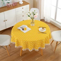 tablecloth fabric cotton linen yellow plaid tassel round table cover washable table cloth for coffee table home and kitchen