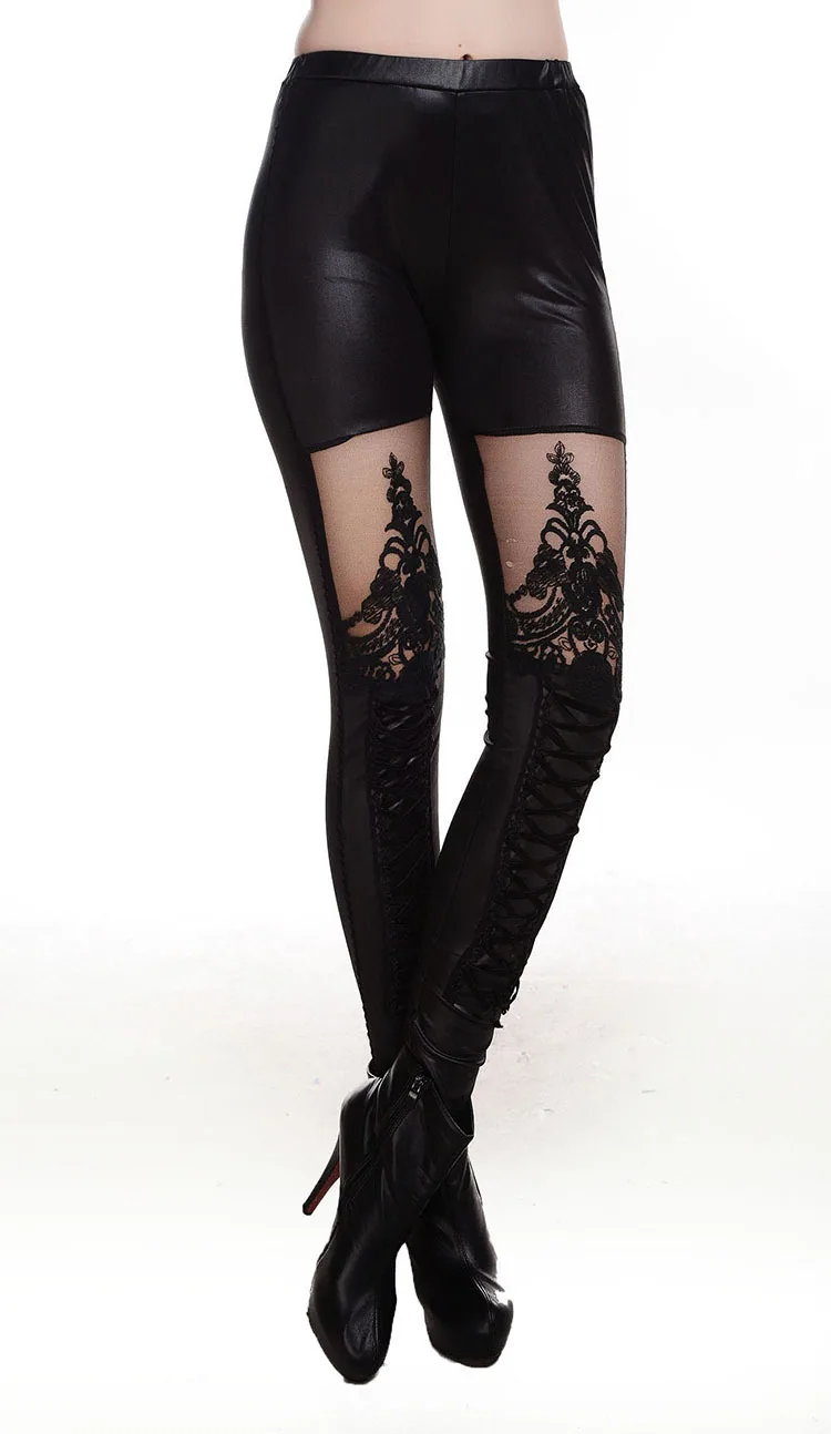 

black leggings Autumn new style Punk style lace embroidery Bundled leather stitching Nine pants leggings Sexy lace women's pants