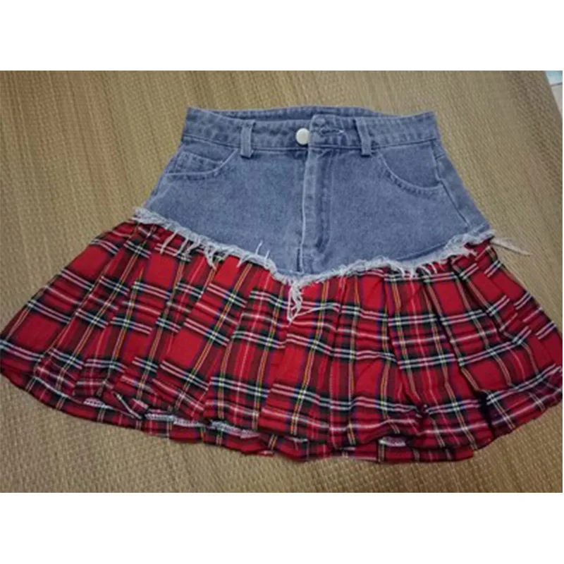 

Denim Skirt Female Summer Korean Retro Dark Black Stitching Plaid Thin High Waist A-type Short Skirt 2021 New Sexy Slim