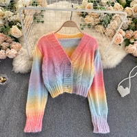 2020 autumn winter new korean gentle wind jacket women short all match rainbow striped knitted cardigan sweater