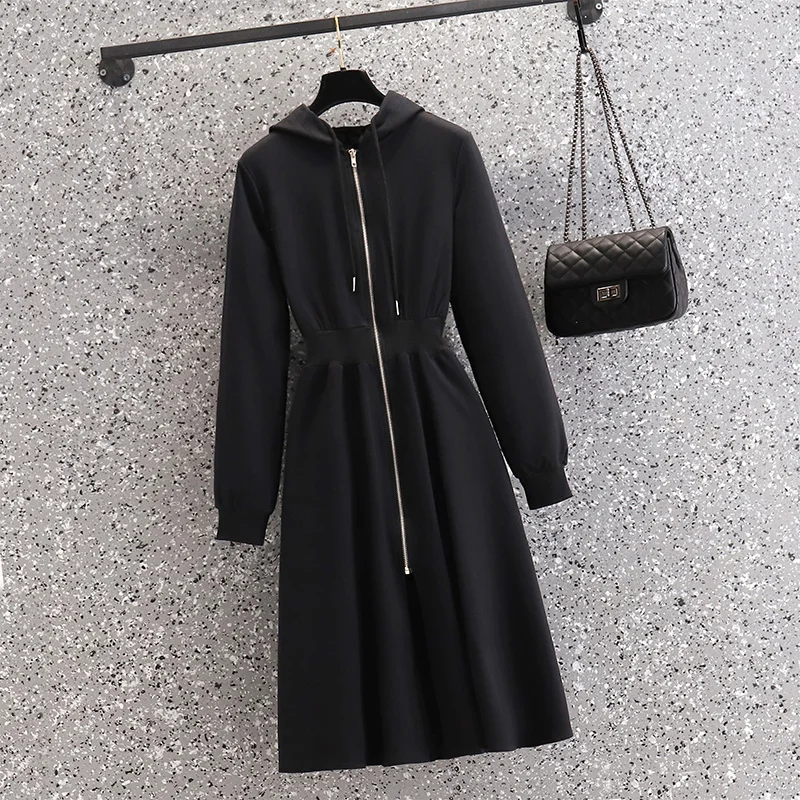 

Plus Size Autumn Winter Hooded Women Dresses Full Sleeve Loose Split Female Sweaters Dress Zipper Women Vestidos Sportwear Cloth