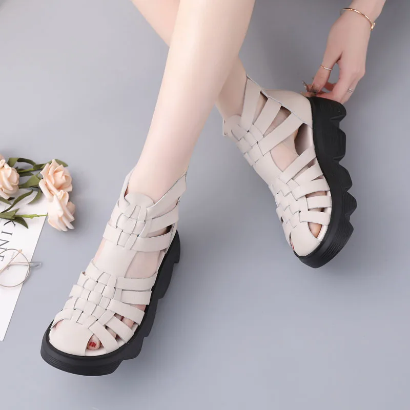 

Fashion Women Genuine Leather Platform Sandals Summer Shoes High Top Back Zipper Heighten Wedges Heel Leisure Sandals