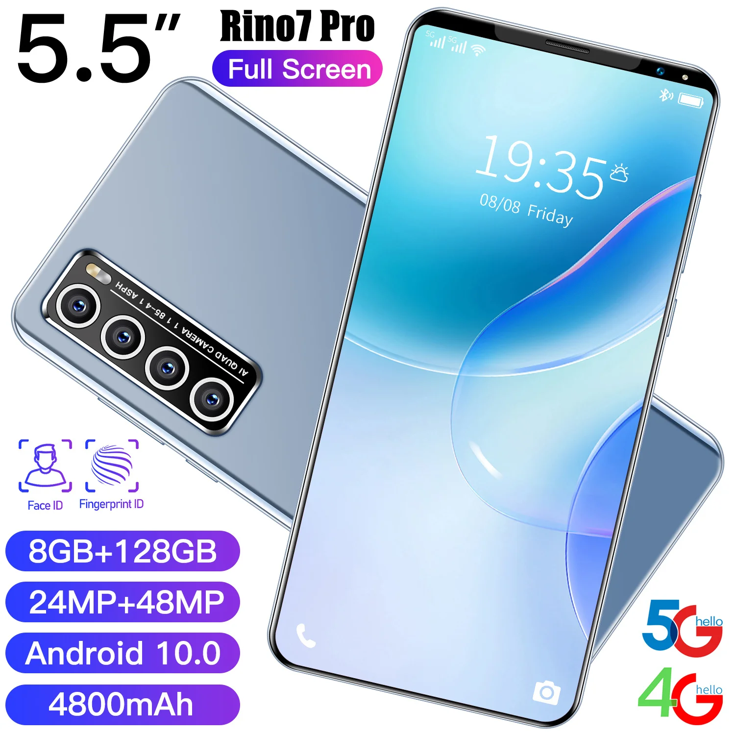 

Global Version Smartphone Rino7 Pro 8GB+128GB 5.5 Inch Full Screen Smartphone 24MP+48MP Camera 4800mAh Cell Phone Fast Shipping