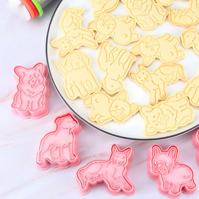 

6pc Cute Puppy Cookie Mould 3D Plastic Press Stamper Fondant Icing Frosting Biscuit Mold Dog Shaped Cookie Tools Cake Decorating