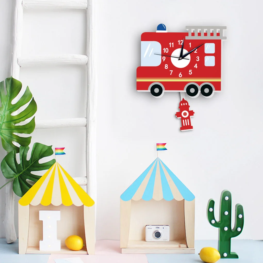 

Мультяшные настенные часы пожарная машина домашние дети спальня гостиная бесшумные маятниковые часы декор для детского сада