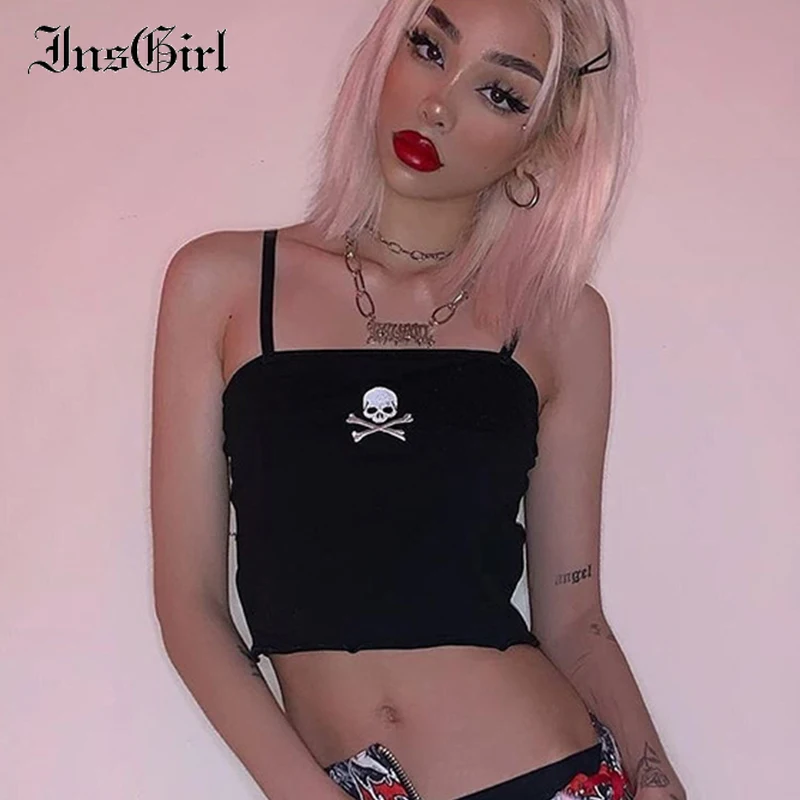 InsGirl панк темно черные топики Для женщин джинсы с вышитыми черепами без бретелек