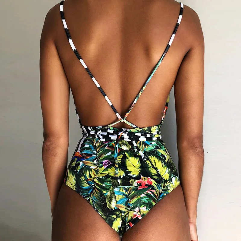 Bikini 2020 New Women Sexy Print Brazilian One Piece Swimsuit Floral Retro Thong High Waist Bodysuit Backless Cut Swimwear |