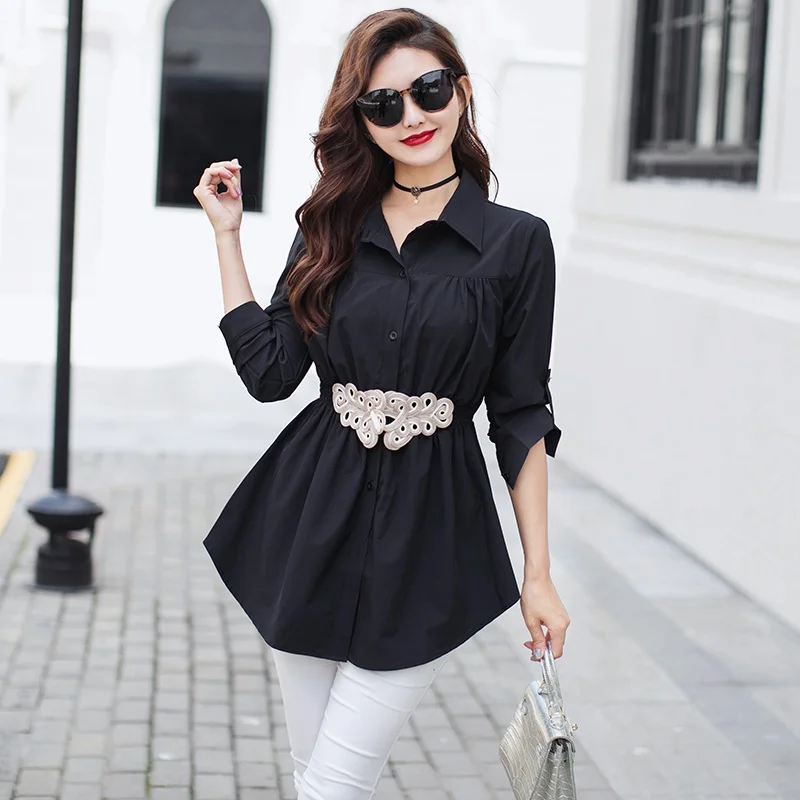 

Корейская модная одежда для женщин рубашки 2021 эластичная плиссированная Блузка с поясом Офисная Женская приталенная рубашка шикарные Блуз...