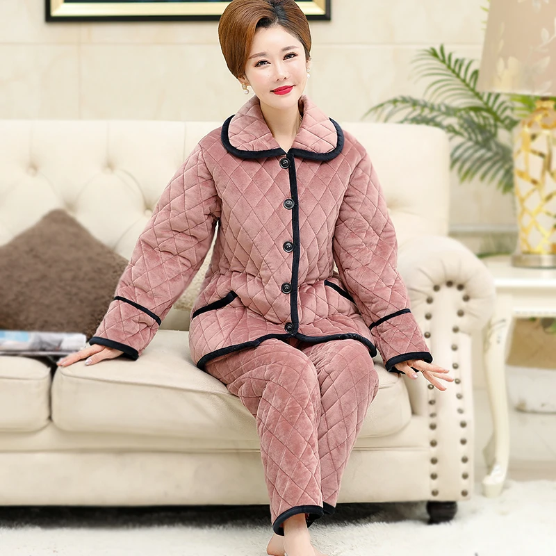 

Three-layer thick coral velvet quilted pajamas Middle-aged women's cotton quilted sleepwear Long sleeve warm pijamas mujer