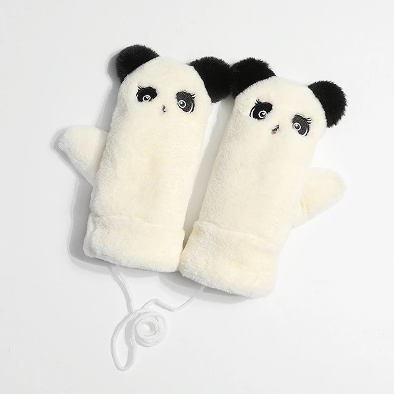 

Women Fuzzy Plush Full Finger Gloves Cartoon Panda Rabbit Embroidery Warm Mitten