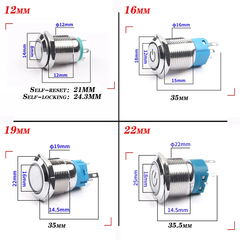 12/16/19/22 мм водонепроницаемый металлический кнопочный переключатель светодиодный