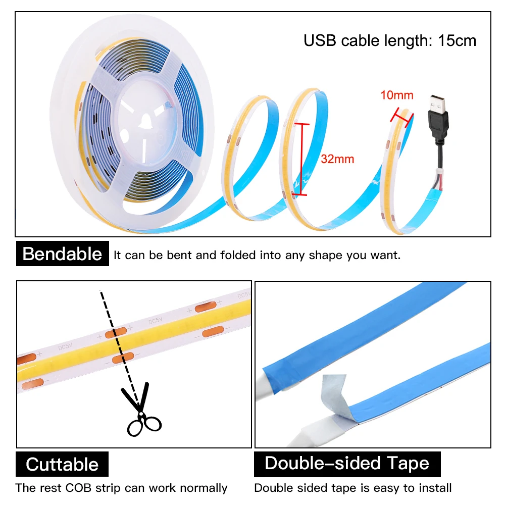 USB Power COB LED Strip Light 320 LEDs High Density FOB Flexible Tape RA90 DC 5V Ribbon Dimmable Linear Rope | Лампы и освещение