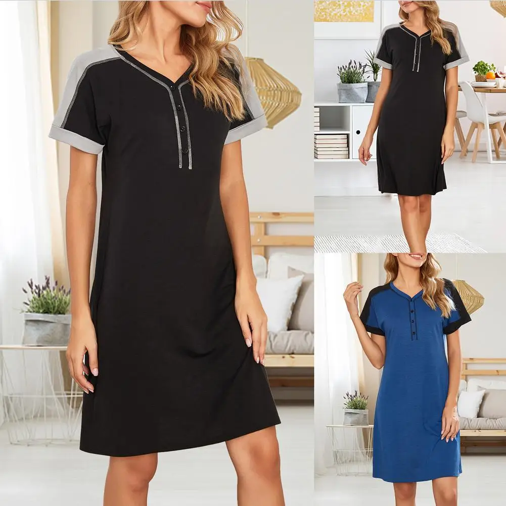 

Ladies Pajamas V-Neck Long-wear Short Sleeves Nightdress Convenient Soft Leisure Breathable Sleep Home Comfort Skin Friendly