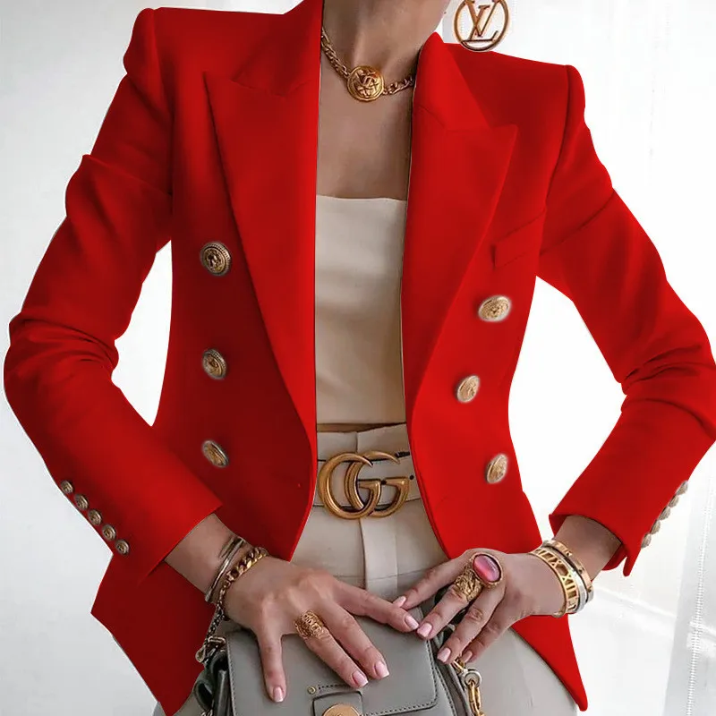 

New Female Blazers Suit Jacket Elegant Chic Double Breasted Women Blazer Female Ladies Long Sleeve Red Black White Button