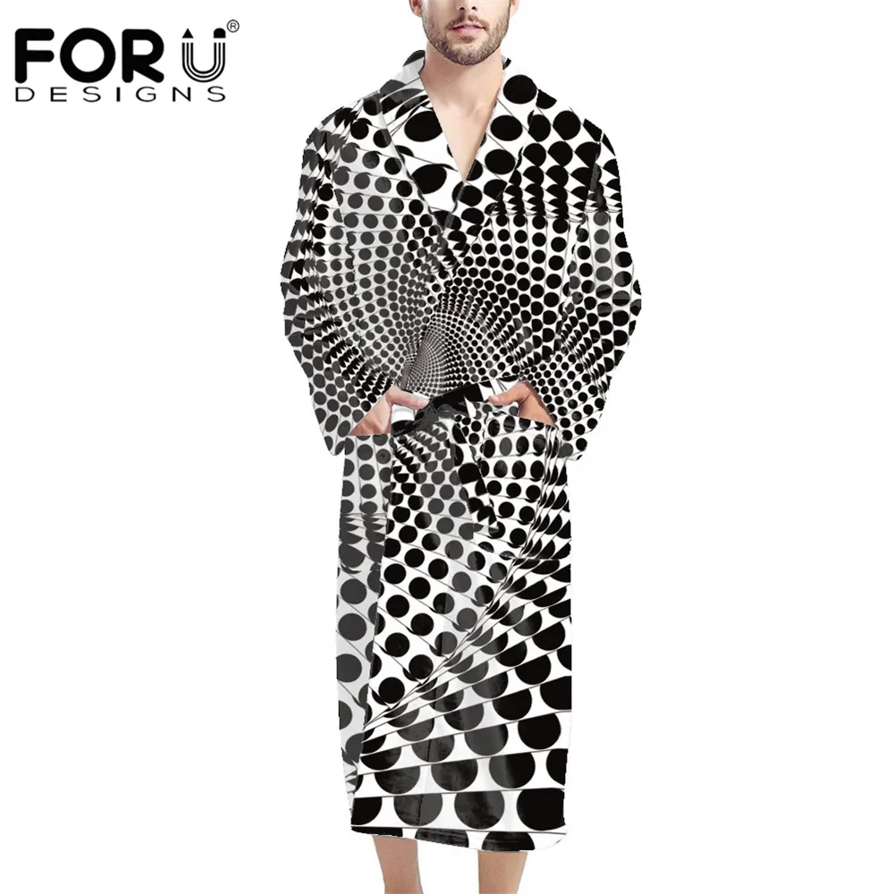 

FORUDESIGNS/черно-белые купальные халаты из хлопка с поворотным узором для мужчин, легкое кимоно с длинным рукавом и поясом