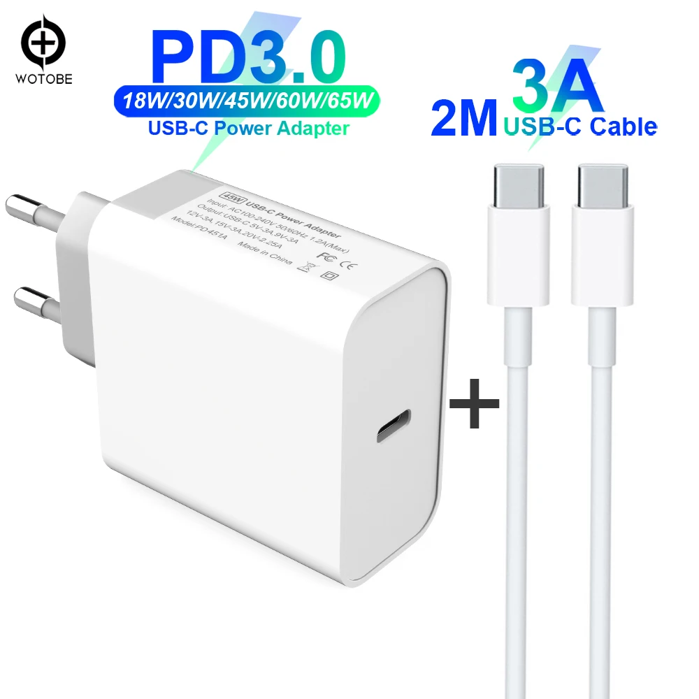 USB C адаптер питания PD/QC3.0 65 Вт/60 Вт/45 Вт/30 Вт/18 Вт TYPE-C настенное зарядное устройство, для USB-C ноутбуков/MacBook/iPad/iPhone/samsung(USB-C кабель