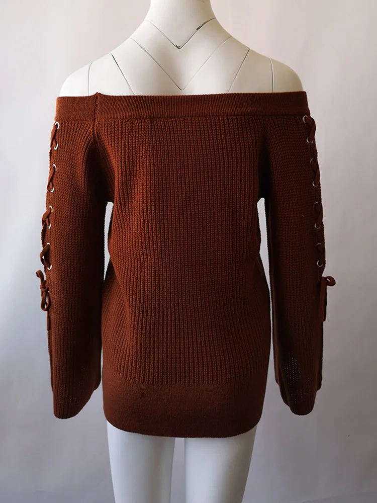 

AIUJXK Autumn Witner Long Sleeve Lace Up Pullover Sweater Women Sexy Slash Neck Off Shoulder Knitwear Woman Casual Loose Jumper