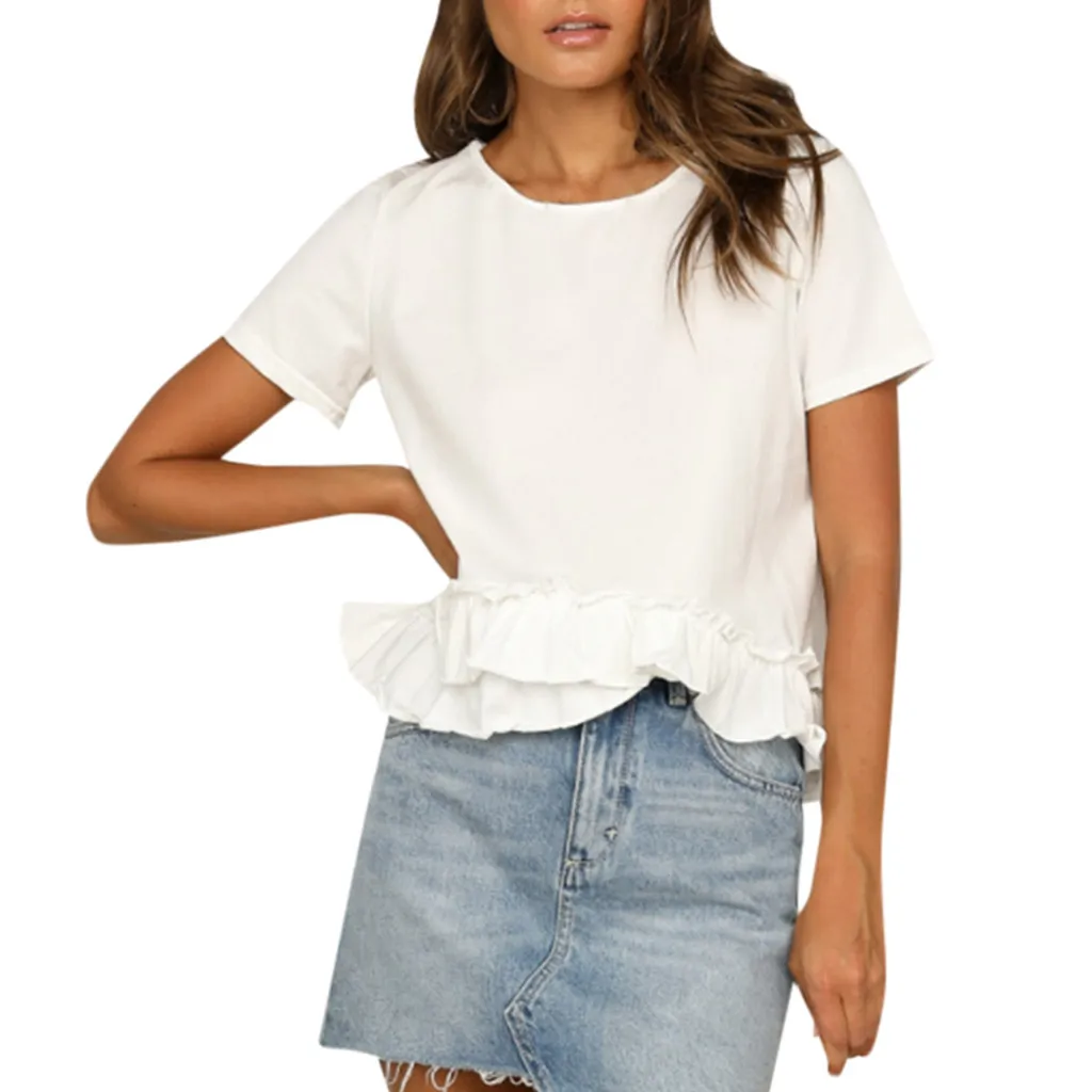 Женская рубашка с короткими рукавами белая блузка оборками из шелковой ткани в