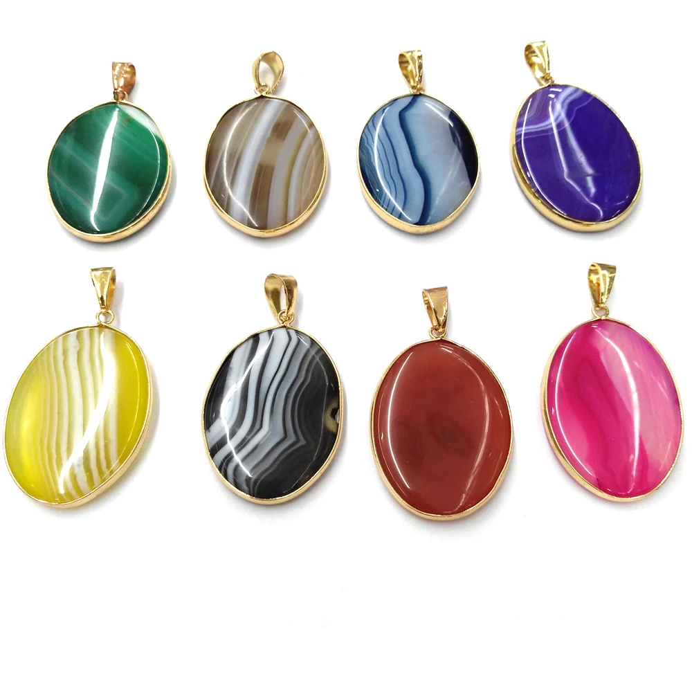 

Natural Agate Pendant Necklace Accessories Egg Shape Colorful Striped Agate Stone Charms for Jewelry Making Bracelet Earrings