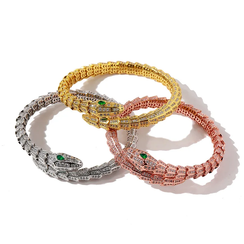 

New Snake Bangle Serpent Green Zircon Eye Cuff Bracelet Ophidian Fine Jewelry Wrist Accessories Fashion Ornament 3 Color