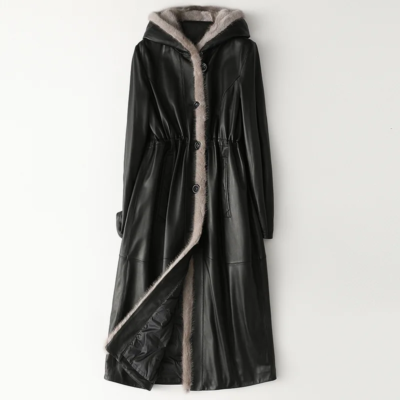 Winter Fashion Genuine Leather Jacket Coat Real Mink Fur Collar Hooded Black Long Coats Plus Size 3XL Chaqueta Cuero Mujer
