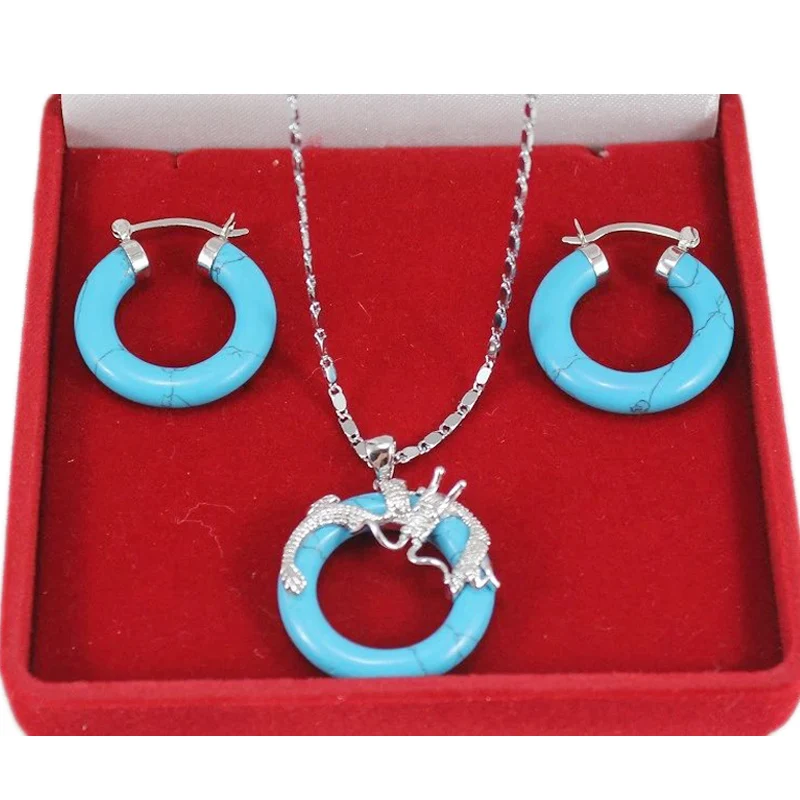 

2021 Natural Stone Round Pendant Necklace Earrings Dragon Jewelry Set For Women Gift Classic Chain Choker Necklace Accessories