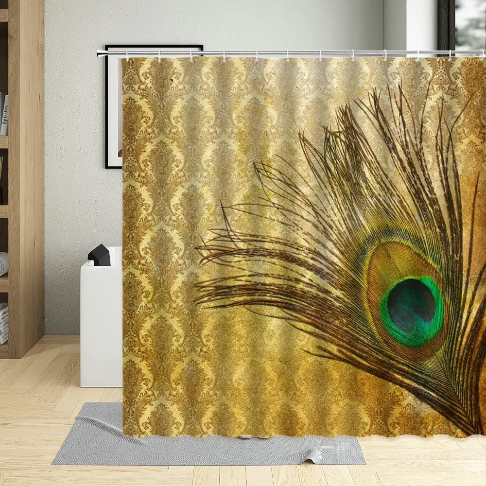 

Водонепроницаемая занавеска для душа в стиле ретро, Полиэстеровая ткань, павлины и перья, подвесная штора, экран разных размеров с 12 крючкам...