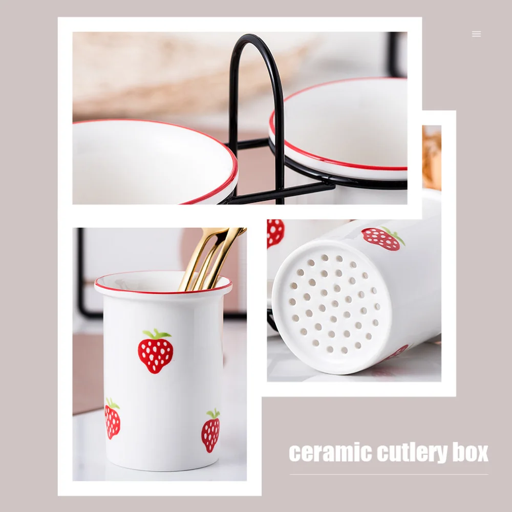 

1Pc Double-barrel Chopstick Holder Household Ceramic Storage Box Drain Bucket