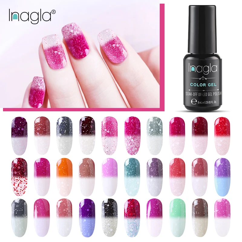 

Гель-лак для ногтей Inagla, меняющий цвет, голографический лак Снежная температура, удаляемый замачиванием, гибридный Белый УФ-гель для ногтей