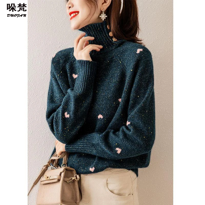 

DUOFAN Woman Sweaters Knitted Turtleneck Print Pullover Long Sleeve Top Casual Straight Elegant Lazy Chic Jumper Knitwear Blouse