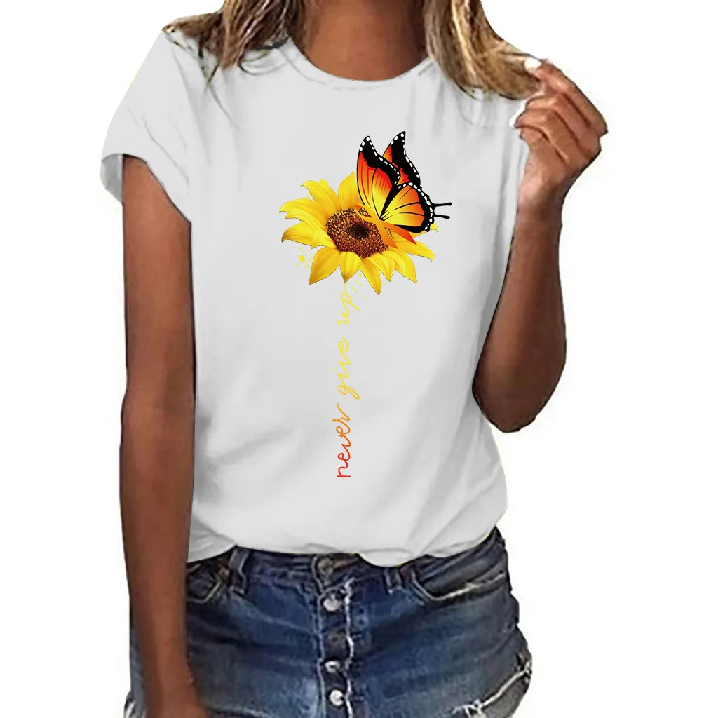 Sunflower Print T-shirt Women Plus Size Short Sleeved O-Neck Sleeve Tops camiseta mujer Casual T Shirt poleras | Женская одежда