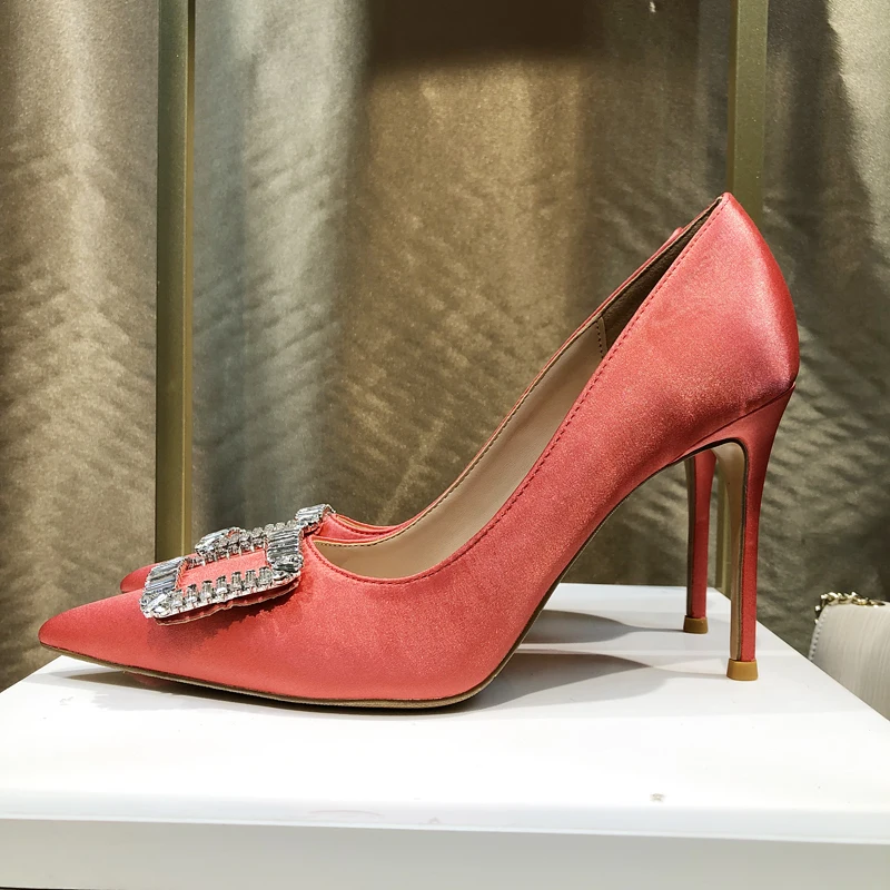 

Spring high heels pumps wedding silk material square buckle shoes heel shoes pointed toe high-heeles shoes sexy party career